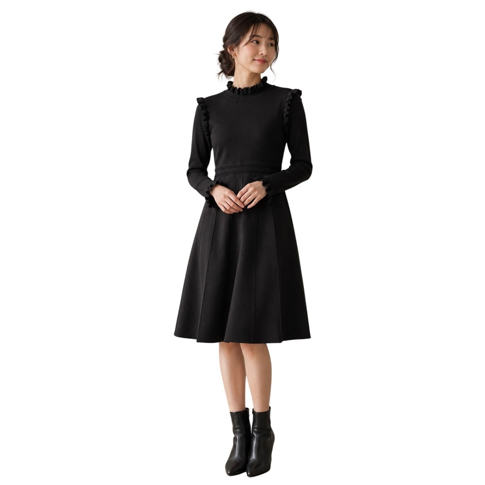 Hailey Lyn Black Ruffle Mock Neck Pleated Dress Size MP Dark Academia Coquette